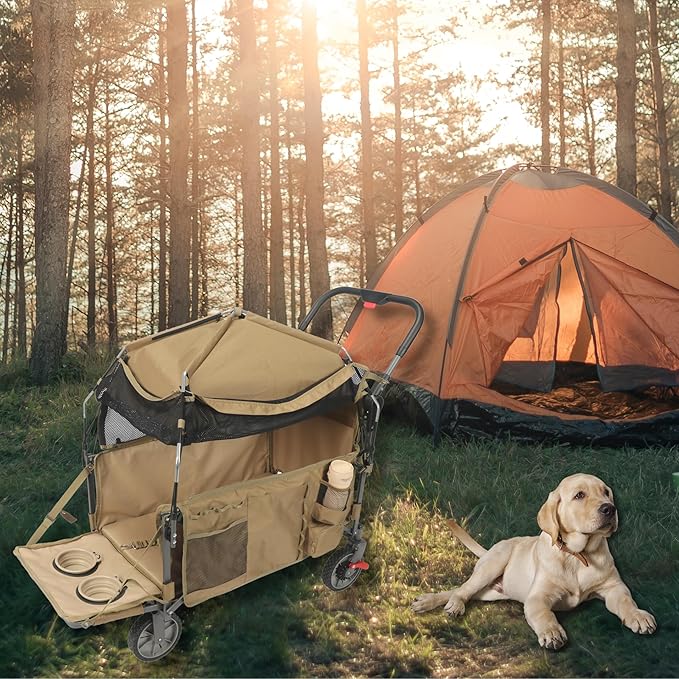 Foldable Pet Wagon Dog Stroller with Removable Fully Zipped Tent, Pet Travel Wagon with Extendable Ramp Built-in Storage Attached Water and Food Station