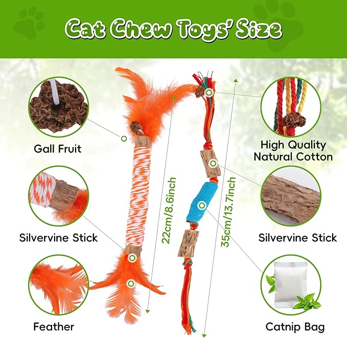 Silvervine Sticks for Cats & Cat Chew Rope Toy with Refillable Natural Catnip Bag for Teeth Cleaning, Interactive Cat Catnip Toys for Indoor Cats, Kitten Teething Toys for All Breeds (8Pcs)