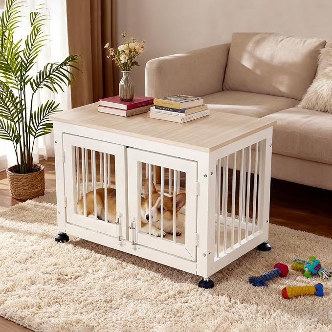 26 Inch Dog Crate Furniture, Heavy Duty Dog Crate for Small Dogs, Indestructible Cage for High Anxiety Dogs with Wooden Table for Indoor Decorative, Escape-Proof Locks & Double Door Cage