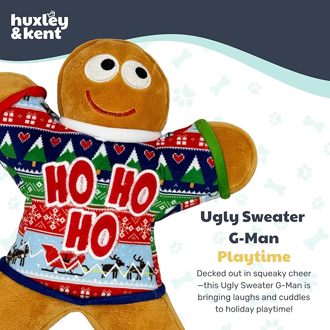 Huxley & Kent Funny Dog Toy w/Squeaker – Holiday Power Plush Squeaky Dog Toys for Small, Medium & Large Dogs – Soft Stuffed Animal for Indoor Play & Fetch - Ugly Sweater G-Man, Small