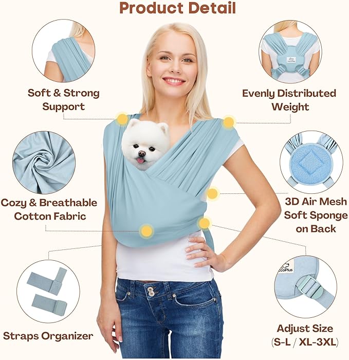 Dog Carriers for Small Dogs, Front Facing Dog Sling Carrier, Hands Free Cat Carrier, Size Adjustable, Reducing Back Pain, Premium Cotton, Safe and Soft Dog Carrier (Plus, Baby Blue)