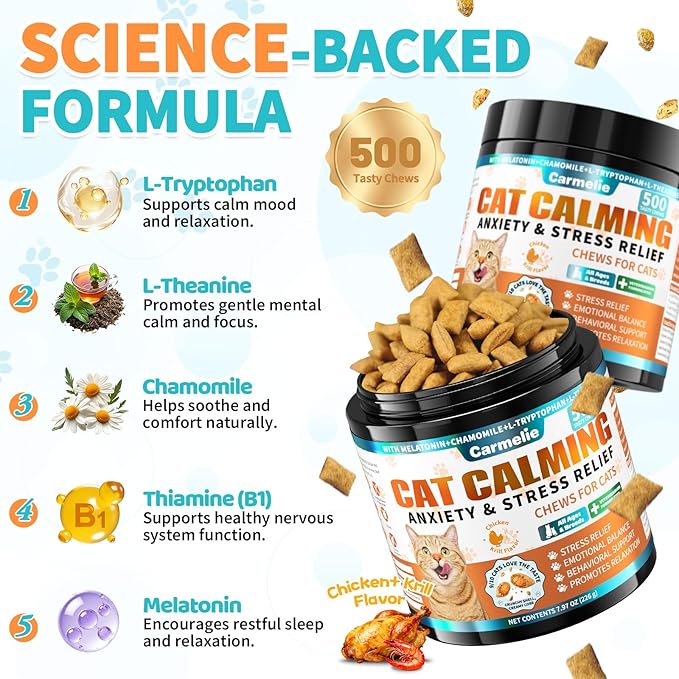 Cat Calming Treats, 500 Crunchy & Creamy Calming Cat Treats with Melatonin, Chamomile for Cats Stress and Anxiety Relief - Travel, Boarding, Vet Visits, Separation Anxiety, Chicken and Krill Flavored