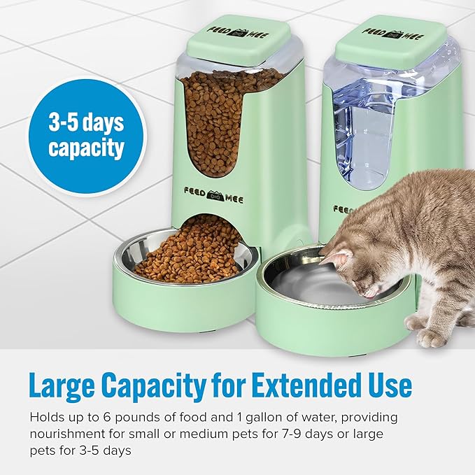 Automatic Cat Feeder Dog Water Bowl Dispenser – 2-Pack Automatic Dog Feeder with Silicone Mat, Pet Toothbrush – Safe Non-BPA Materials – Large Capacity for Small and Medium Animals Green