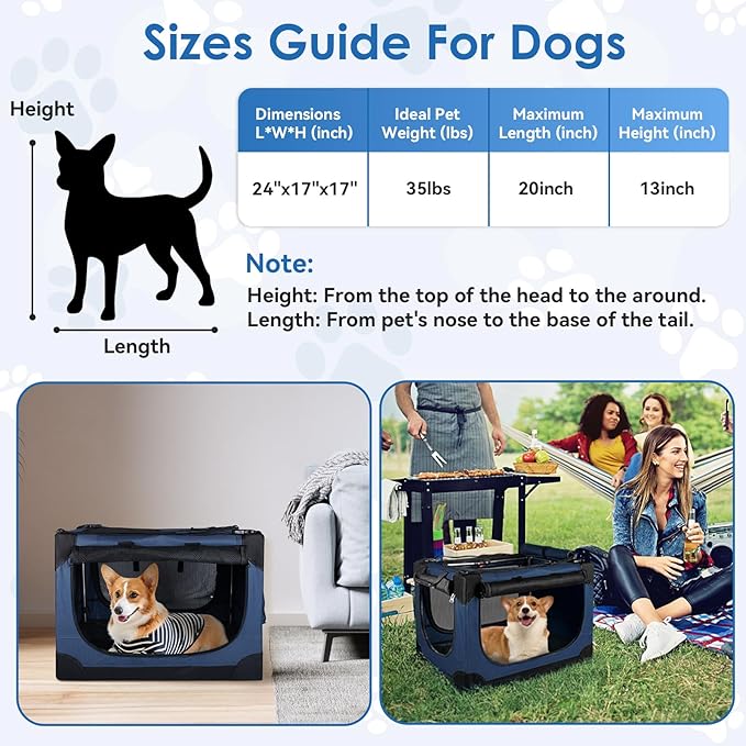 Soft Collapsible Dog Crate - 24 inch Portable Travel Puppy Crate for Small Pets or 2 Cats, Pet Carrier with 4 Mesh Doors, Car Kennel for Dogs with Handle for Indoor and Outdoor, Bule