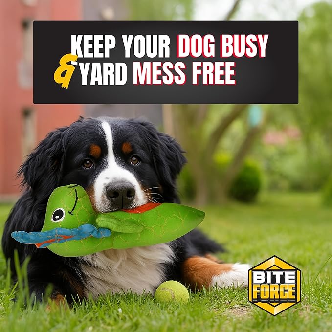 Bite Force - Durable & Strong Dog Toy Green Dino with Squeaker, Kevlar-Reinforced for Aggressive chewers.