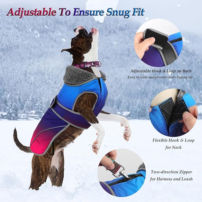 Dogcheer Dog Coat, Christmas Dog Jacket Waterproof Pet Winter Coat for Cold Weather, Reflective Adjustable Puppy Snow Jacket Fleece Sweater for Small Medium Large Dogs - Gradient Blue-red, S