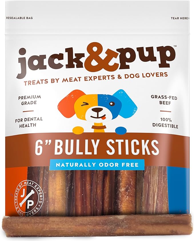 Jack&Pup 6 Inch Bully Sticks for Medium Dogs, Dog Bully Sticks for Small Dogs-6" Bully Sticks for Puppies Bully Sticks Odor Free Long Lasting Dog Chews, Beef Bully Stick (6 Inch Bully Sticks 50 Pack)