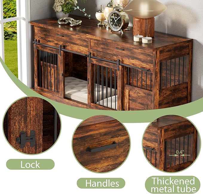 70.9" Dog Kennel Indoor Large, Wooden Farmhouse Dog Crate Furniture with with Divider, Furniture Dog Crate Large Dog