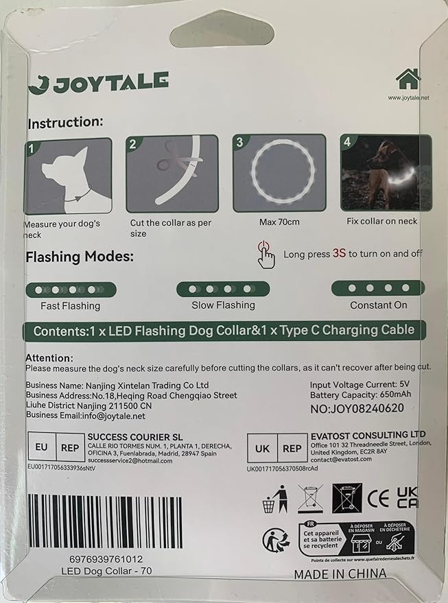 Joytale Light Up Dog Collar, Rainproof and Rechargeable LED, 9 Flashing Modes, Glow for Night Walking, Cuttable Soft Silicone Collar for Large Medium Small Dogs, 27.5 Inch