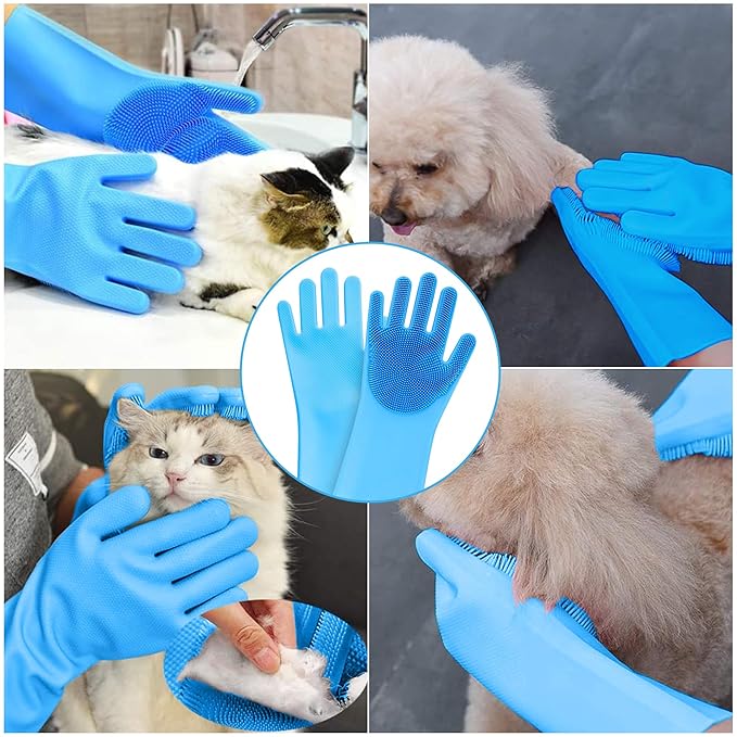 High-Density Silicone Pet Grooming Gloves with Enhanced Five Finger Design for Bathing, Massaging Dogs and Cats (Blue)