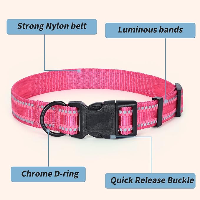 Mile High Life Nylon Night Light Glow Collar, Reflective Light Up Dog Collar, Fluorescent Self-Luminescent Strap for Small Medium Large Dogs (Pink, M Neck13-17")