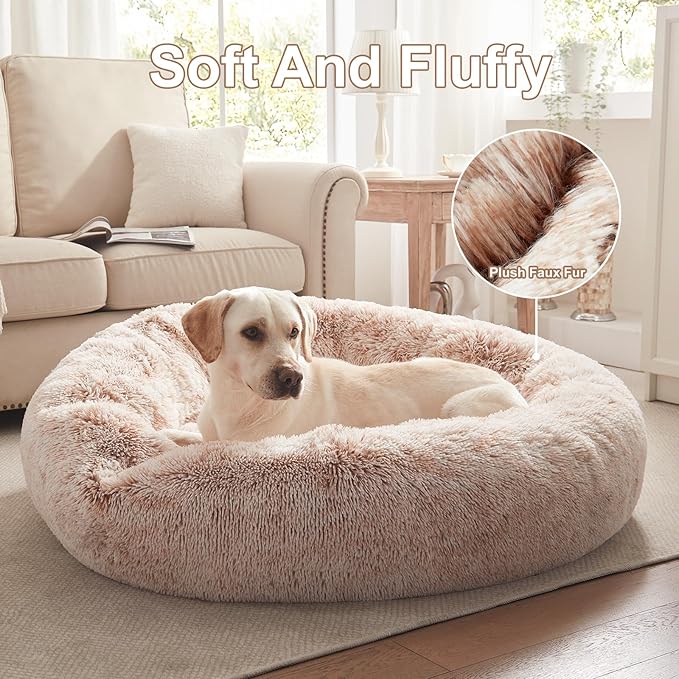 45 inches Donut Dog Bed for Extra Large Dogs,Calming Fluffy Round Jumbo Pet Bed with Removable & Washable Cover, Fits up to 150 lbs Pets (Brown,XL)