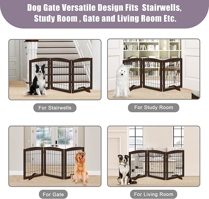 LZRS 3-Panel Freestanding Adjustable Wooden Dog Gate—30" Tall Foldable Pet Barrier with Support Feet, Chew-Resistant Solid Hardwood & Steel Wire Safety Fence for Doorways, Hallways, and Stairs, Walnut