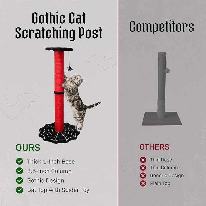 Gothic Cat Scratching Post, 34 inch with Sturdy Spider Web Floor Foundation and Bat Shaped Top with Spider Toy, Halloween Cat Scratcher, Cat Scratchers for Indoor Cats, Black and Red from Littlesy