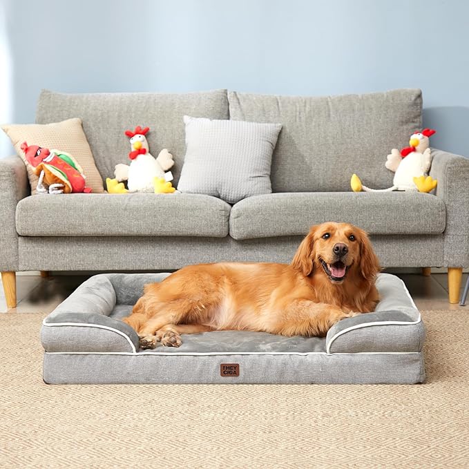 EHEYCIGA Orthopedic Dog Beds for Large Dogs, Waterproof Memory Foam Large Pet Bed with Sides, Non-Slip Bottom and Egg-Crate Foam Dog Couch Bed with Washable Removable Cover, Grey