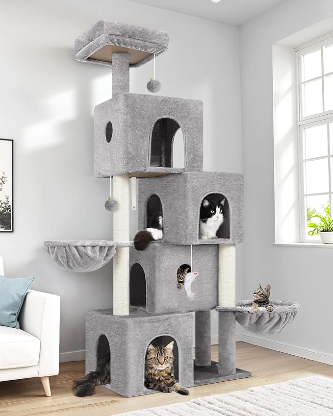 Globlazer Cat Tree Tower Cat Condo for Mutilple Indoor Cats, 70in Tall Cat Tree Furniture Activity Center with 4 Cat Condos, 3 Scratching Posts, 2 Hanging Baskets, Padded Top Perch, F70C, Light Gray