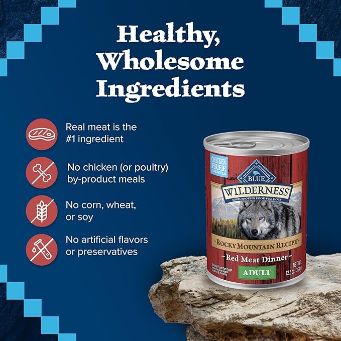 Blue Buffalo Wilderness Adult Wet Dog Food, High-Protein and Grain-Free, Made with Natural Ingredients, Rocky Mountain Recipe Red Meat Paté, 12.5-oz Can (12 count)