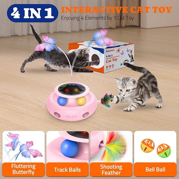 Pawtners Interactive Cat Toy 4 in 1 Automatic Cat Toy for Indoor Cats, Electric Kitten Toy with Rechargeable Battery, Self Play Kitty Toys with Fluttering Butterfly, Track Ball and Feather Pack, Pink