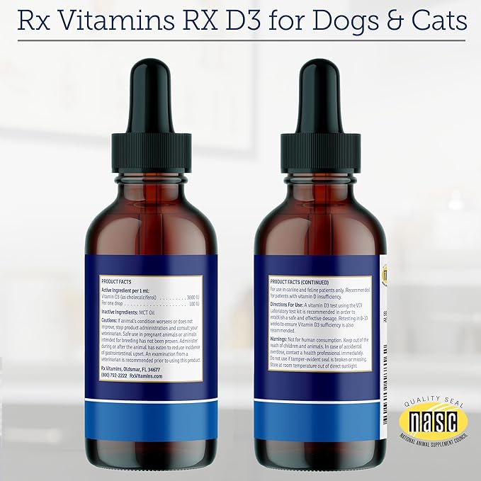 Rx Vitamins Rx D3 - Cat & Dog Vitamins Liquid D3 Drops in MCT Oil - Vitamin D for Dogs & Cats to Manage Deficiency - Aids in Dog Immune Support and Calcium Absorption - Pet Vitamin D3-2oz