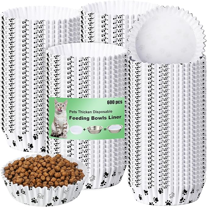 meekoo 600 Pcs Large Pet Disposable Feeding Bowls Liner Bulk Cat Food Bowls Small Paper Dish Paper Liner for Small Dogs Cats Dish Wet Food Feeding Station(White,Paw)