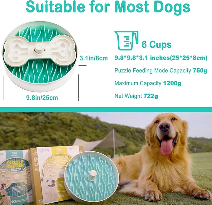 Suhaco 4 in 1 Puzzle Feeder Dog Bowls Slow Feeder Dog Bowls Large Slow Feeding Bowl for Dogs, Dog Puzzle Game Slow Feeder for Dry and Wet Food Dog Food Bowl for Large Dogs, 9.8IN (Green)