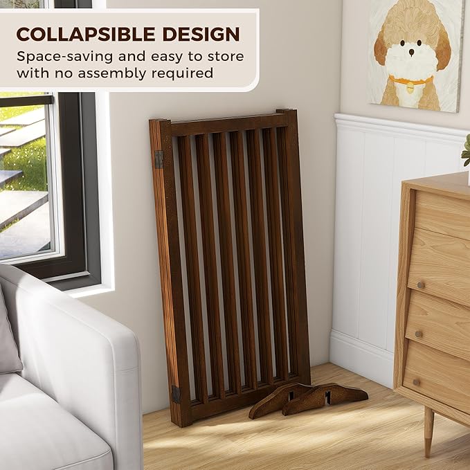 36" H Freestanding Dog Gate, Solid Wood Foldable Pet Gate with Support Feet, Wooden Tall Dog Gate for Doorway, Stairs & Indoor Use, 60" Wide Expandable Pet Fence, 3 Panels, Walnut