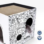 Cardboard Cat House with 2PCS Scratcher Pad Large Cat Scratchers Lounge Bed for Indoor Cats Cat Scratching Board & Cat Scratcher Box for Bunny/Cats Animals. (White-Graffiti)