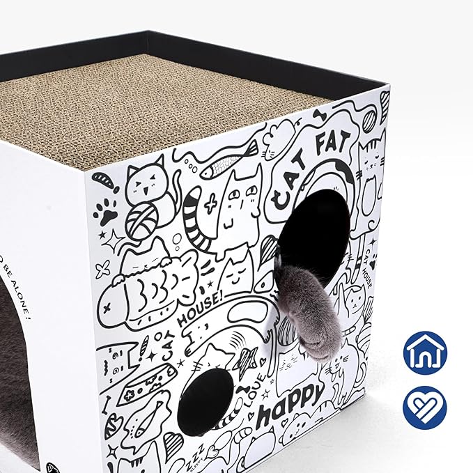 Cardboard Cat House with 2PCS Scratcher Pad Large Cat Scratchers Lounge Bed for Indoor Cats Cat Scratching Board & Cat Scratcher Box for Bunny/Cats Animals. (White-Graffiti)