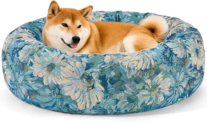 Dog Calming Beds for Small Medium Large Dogs - Round Donut Washable Puppy Dog Bed, Anti-Slip Faux Fur Fluffy Donut Cuddle Anxiety Cat Pet Bed (28" Flower)