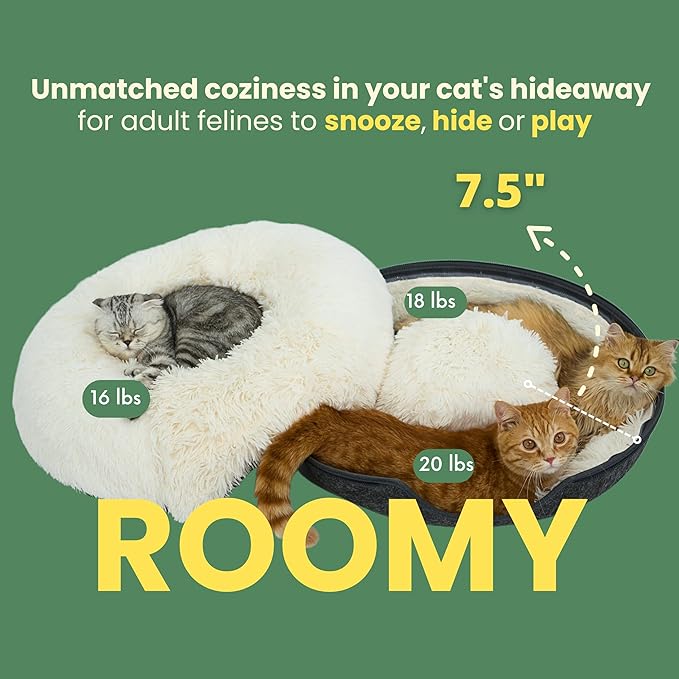 CATTASAURUS Peekaboo Cat Cave for Multiple & Large Cats Up to 30-45 Lbs, Fluffy Cat Beds for Indoor Cats, Scratch Detachable & Washable Tunnel Bed, Comfy Donut Cat Cave (Dark Gray, Large (Calming))