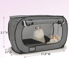 Necoichi Stress-Free Enclosure Cat Travel Carrier Cage 31.8" L x 20.0" W x 20.0" H Collapsible Gray White Stripes | Pop up Kannel, Crates