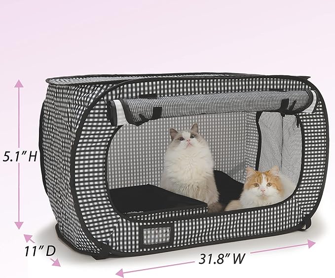 Necoichi Stress-Free Enclosure Cat Travel Carrier Cage 31.8" L x 20.0" W x 20.0" H Collapsible Gray White Stripes | Pop up Kannel, Crates