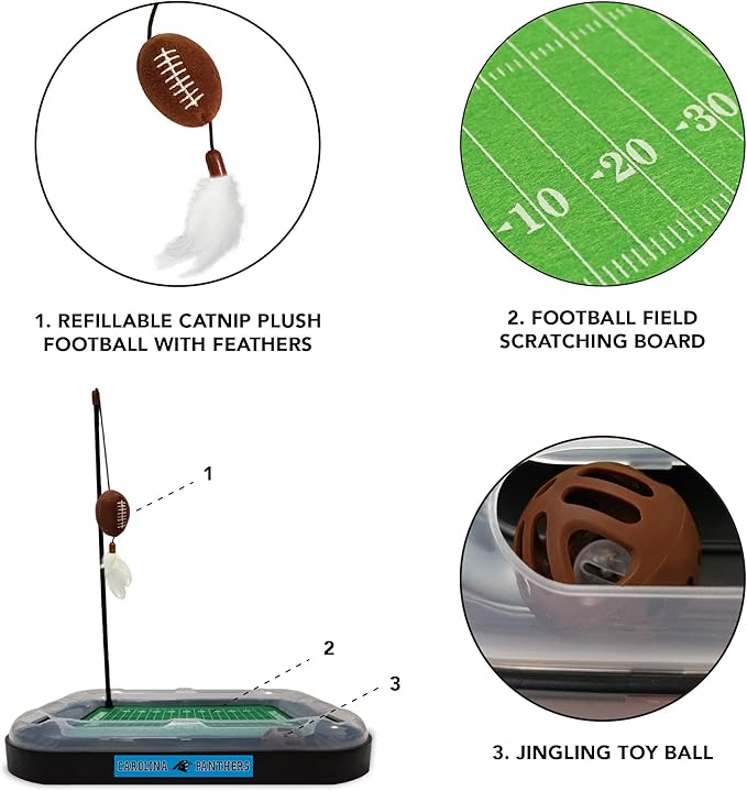 Pets First NFL Carolina Panthers Football Field Cat Scratcher & Plush Football Toy with Catnip & Feather. Interactive Jingle Bell Ball Cat Chasing Toy