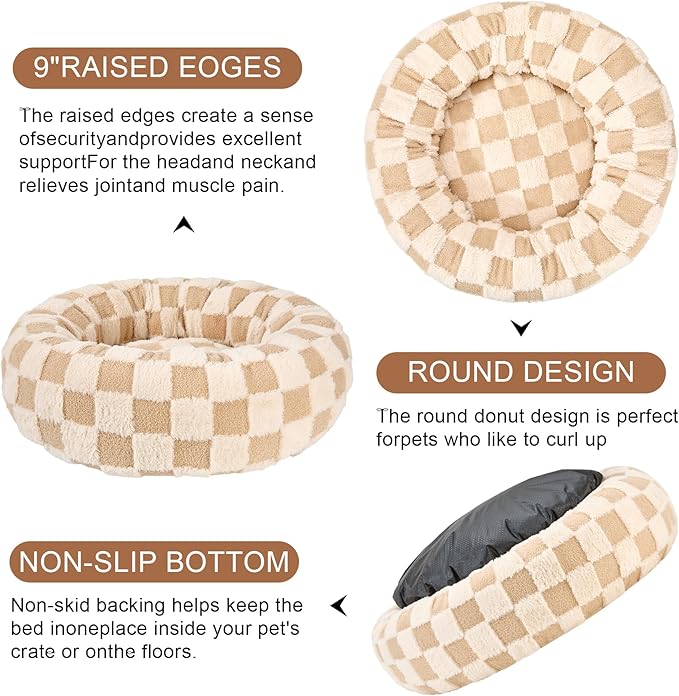 Dog Calming Beds for Small Medium Large Dogs - Round Donut Washable Puppy Dog Bed, Anti-Slip Faux Fur Fluffy Donut Cuddle Anxiety Cat Pet Bed (36" Grid)