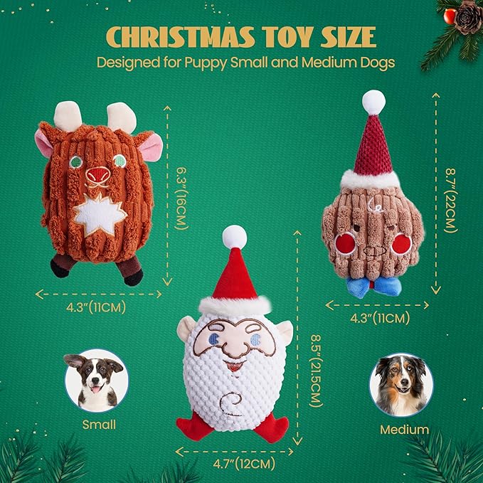 Nocciola 3 PCS Christmas Dog Toys, Santa Claus, Reindeer and Gingerbread Man Crinkle Dog Squeaky Toys, Cute Stuffed Puppy Toys,Perfect Dog Christmas Toys for Small Medium Dogs