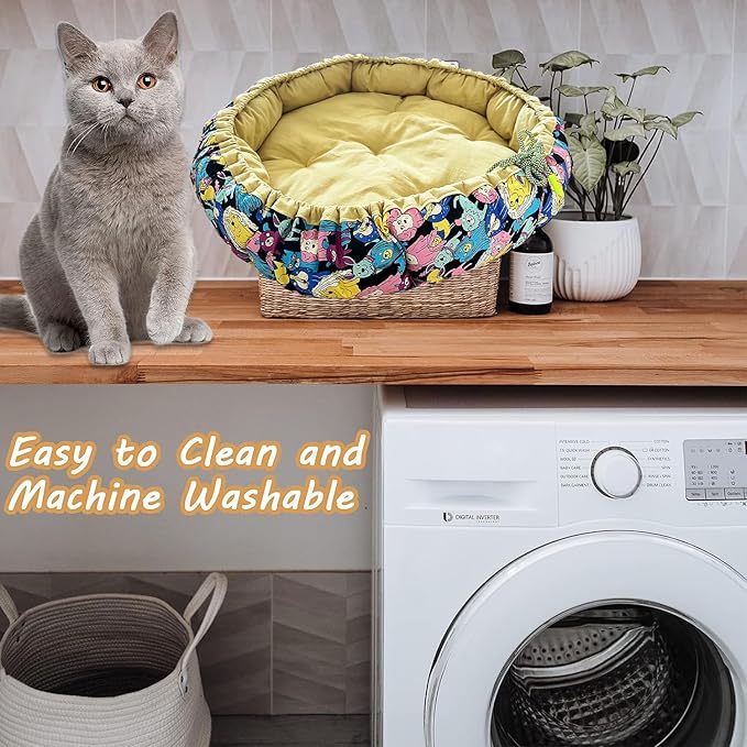 Dog Beds for Small Dogs - Round Cat Beds for Indoor Cats, Washable Pet Bed for Puppy and Kitten with Lovely Cartoon Pattern, 20 Inches,Citrine