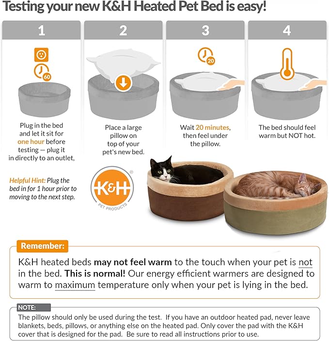 K&H Pet Products Thermo-Kitty Bed Heated Cat Bed for Indoor Cats , Electric Warming Bed for Cats and Small Dogs, Washable Thermal Plush Calming Round Pet Bed - Small 16" Sage/Tan
