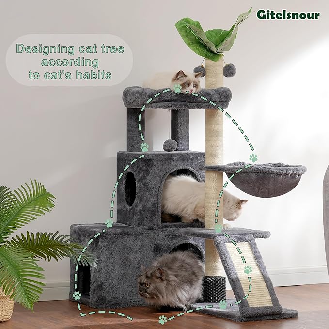 Cat Tree for Indoor Cats Large Adult, Heavy Duty Cat Tower for Big Cats, Cat Tree House with Self Groomer Brush, Big Padded Top Perch, Scratching Post, Hammock, Smoky Gray GCT012G