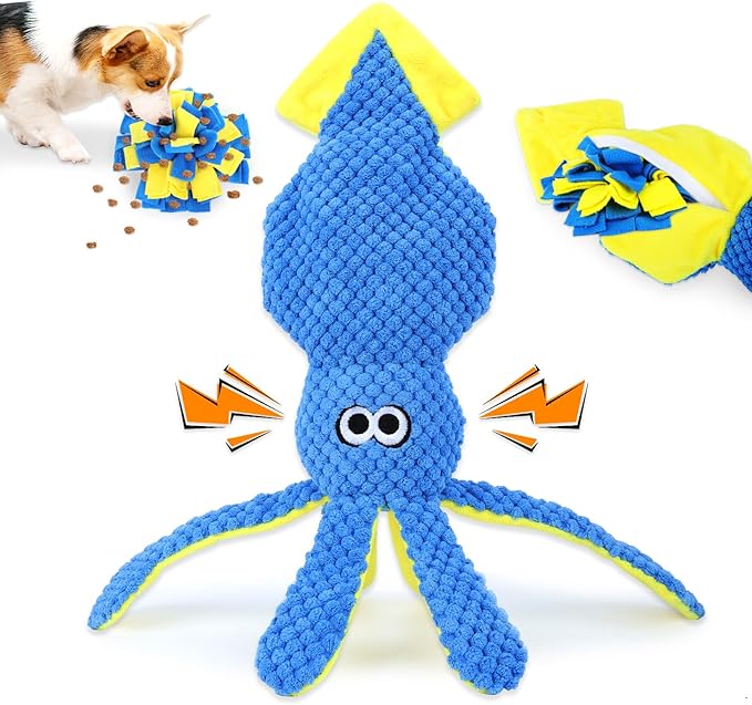 wodoca Squeaky Dog Toy, Dog Puzzle Training Enrichment Crinkle Snuffle Treat Dispensing Stuffed Plush Chew Toys to Keep Them Busy, Interactive Tug of War Doggie Toy for Small Medium Breed - Squid