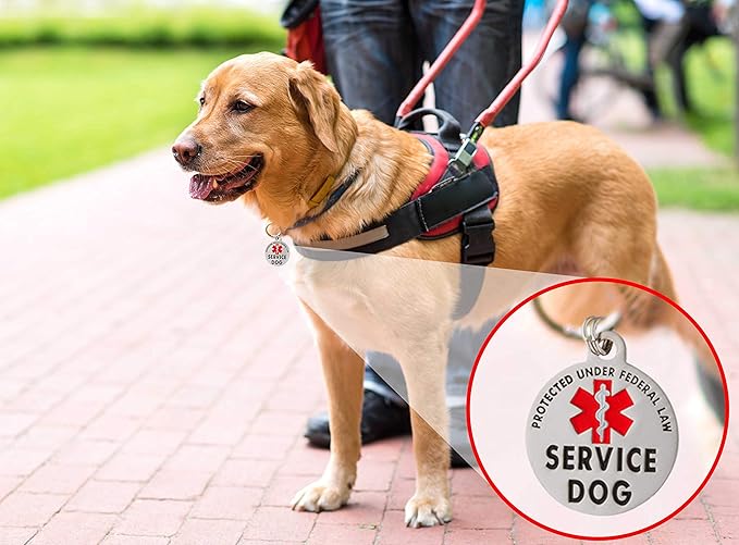 Service Dog Tag Double Sided with Federal Protection & Red Medical Alert Symbol | 1.25 Inch Durable Pet ID Tags | Easily Attach to Collar, Harness, Vest | Service Dog Identification Tag