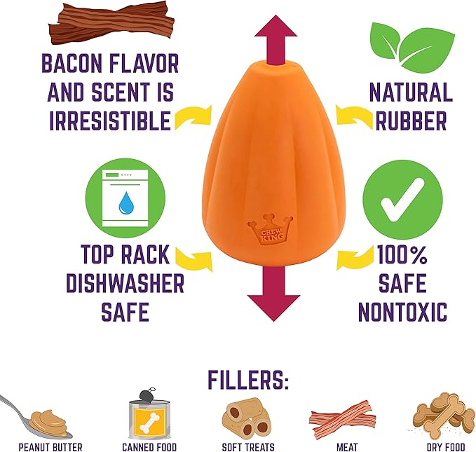 Chew King by Mammoth Premium Treat Dog Toy, Extremely Durable Natural Rubber Toy, Bacon Flavored Dog Treater, Orange Medium
