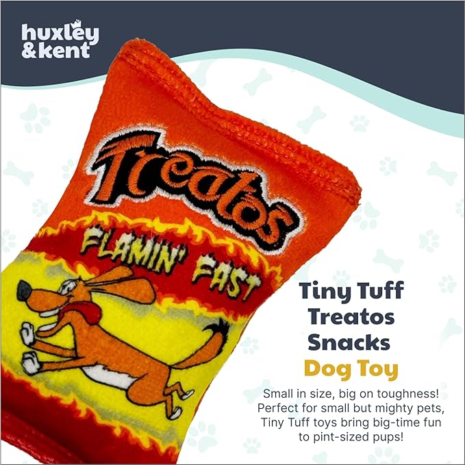 Huxley & Kent Funny Dog Toy w/Squeaker – Power Plush Squeaky Dog Toys for Small Dogs – Durable Small Stuffed Animal for Indoor Play & Fetch - Tiny Tuff Treatos Snacks