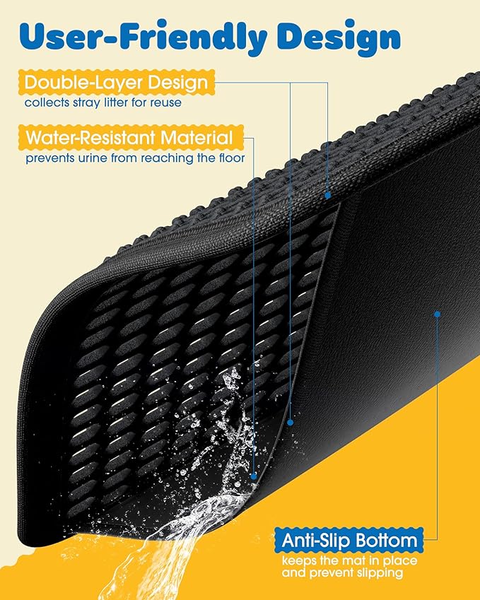 27" x 19" Cat Litter Mat - Ultra-Large Litter Box Mat with Double Layers, Urine-Proof and Non-Slip Litter Trapping Mat, Easy to Clean Kitty Litter Mats for Floor, Scatter Control, Black