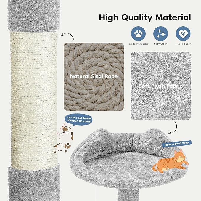 DUMOS 54-inch Indoor Cat Tree Tower –Multi-Level Pet House for Large Cats with 2 Condos, Scratching Posts, Round Platform, Small Ladder, and Toys, Light Grey