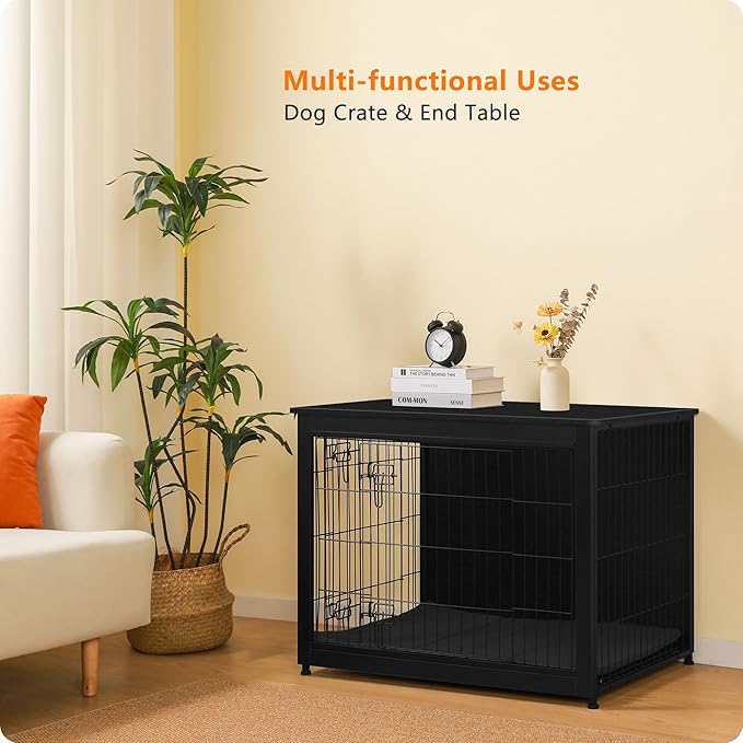 DWANTON Dog Crate Furniture with Cushion, Wooden Kennel Table with Double Doors, Indoor Dog House, Large Size, 38.5" L, Black