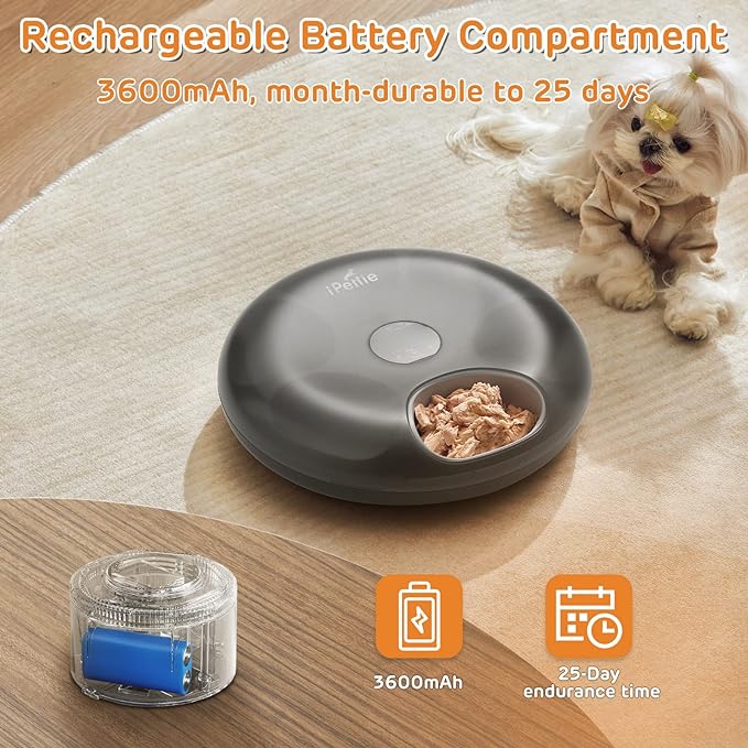 iPettie Donut Frost 6 Meal Cordless Automatic Pet Feeder, Dry & Wet Food Automatic Cat Feeder with Two Ice Packs, Rechargeable Massive Battery, Programmable Timer, Holds 6 x ½ lb. of Food