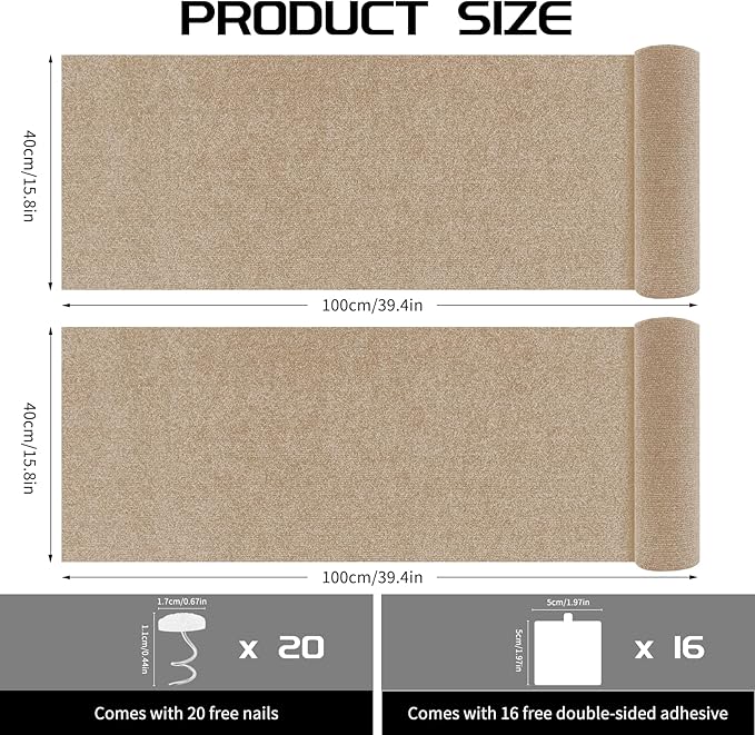 2 Pcs 39.4"x15.8" Cat Scratch Mat, Cat Scratch Couch Furniture Protector, Trimmable Self-Adhesive Cats Scratch Pads, DIY Cat Scratcher for Wall Protector and Covering Cat Tower (Khaki)