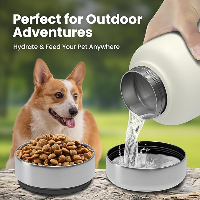 32oz Dog Water Bottle with Bowls - Leakproof Insulated Stainless Steel, Portable Travel Bottle for Hiking, Camping, Outdoor Use (Pearl White, 32oz)