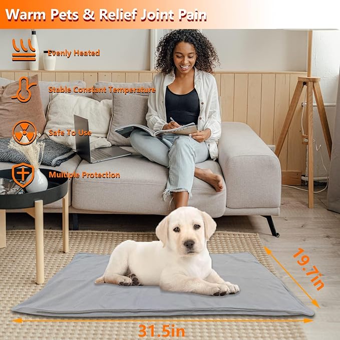 TJOY Pet Heating Pad Electric Heating Pad for Dogs and Cats Indoor Warming Mat Heated Pet Bed with Auto Power Off (Large： (32''x20''))