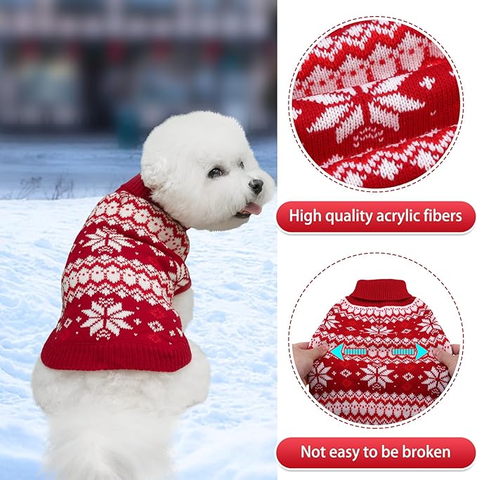 KOOLTAIL Cable Knit Small Dog Sweater Turtleneck, Cold Weather Pullover Classic Knitwear with Leash Hole, Snowflake Pattern Thick Warm Winter Pet Clothes, Medium Dog Christmas Sweater, Red SM